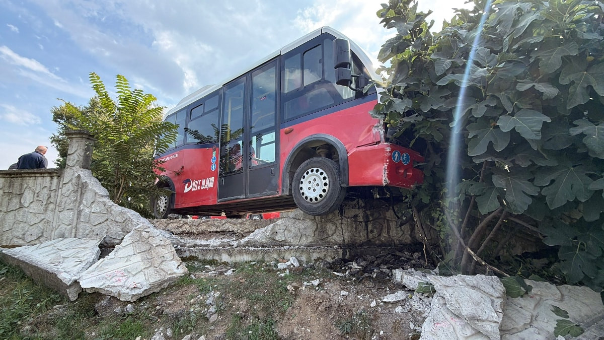 Düzce'de köpeklere çarpmamak için hareket yapan otobüs, duvara çarptı