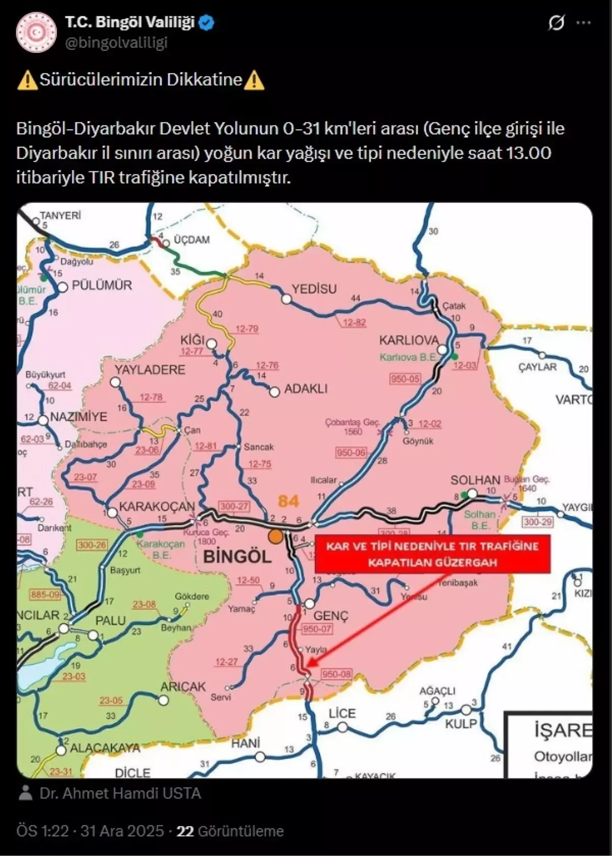 Bingöl-Diyarbakır Yolu TIR Trafiğine Kapandı