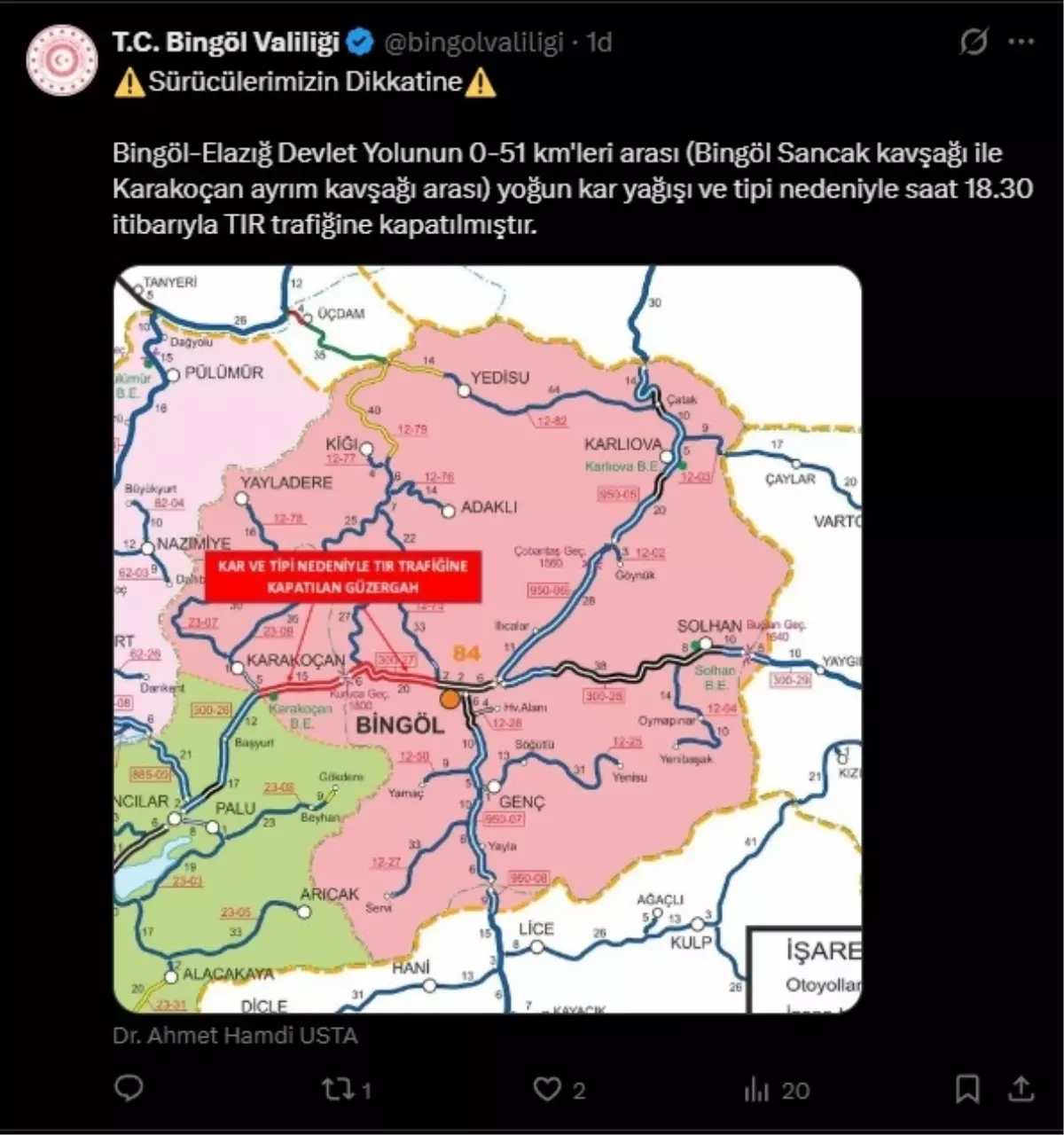 Bingöl-Elazığ Yolu TIR Trafiğine Kapandı