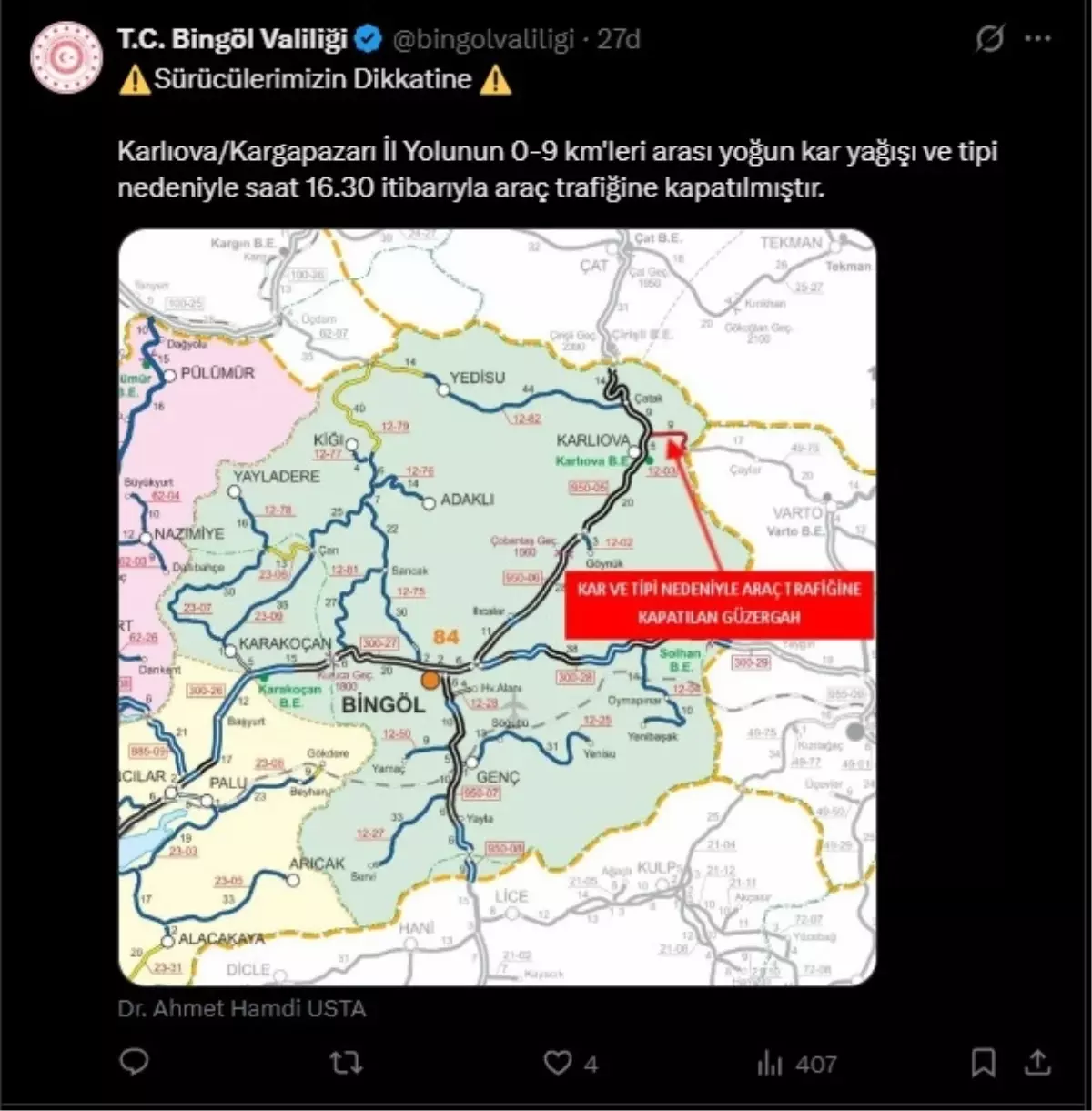 Bingöl-Muş Yolu TIR Trafiğine Kapandı