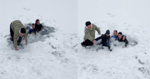 Derenin üzerinde zıplarken buz kırıldı: Böyle düştüler