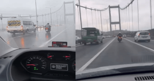 Fırtınada köprüyü geçmeye çalışan motosikletlileri araçlar korudu