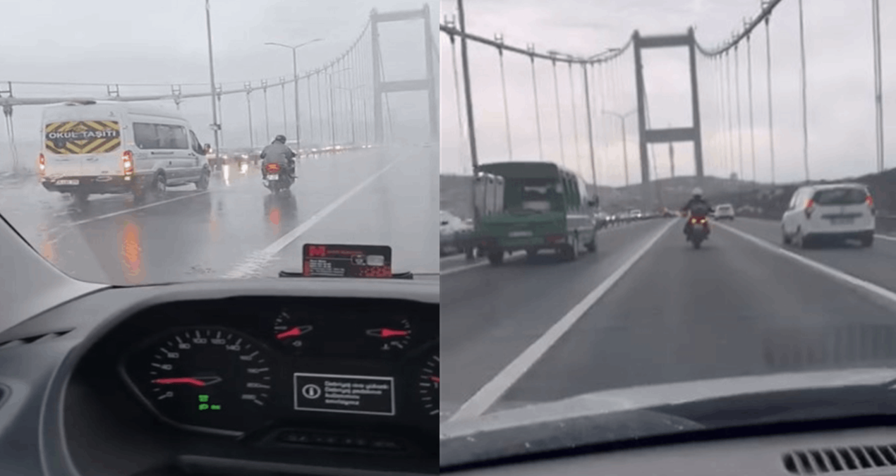 Fırtınada köprüyü geçmeye çalışan motosikletlileri araçlar korudu