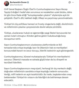 İletişim Başkanı Duran’dan, Özgür Özel’in Cumhurbaşkanı Erdoğan’a yönelik sözlerine tepki