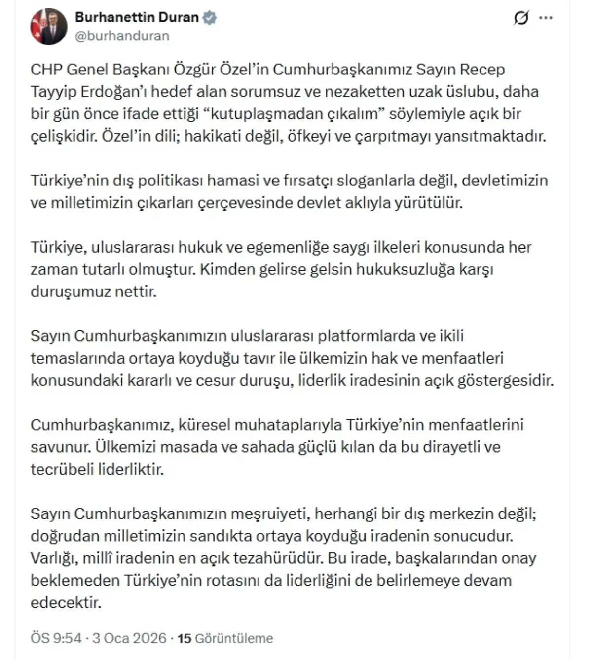 İletişim Başkanı Duran’dan, Özgür Özel’in Cumhurbaşkanı Erdoğan’a yönelik sözlerine tepki