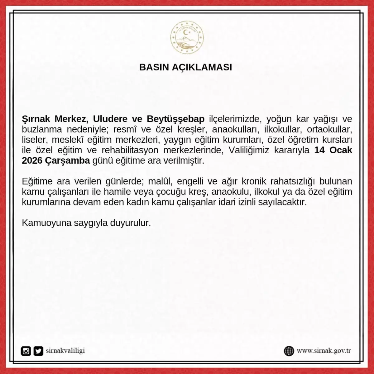 Şırnak’ta Eğitime Kar Engeli