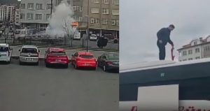 Trafikte ilginç anlar! Bomba gibi patladı, otobüsün üstüne düştü