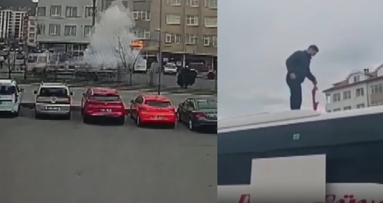 Trafikte ilginç anlar! Bomba gibi patladı, otobüsün üstüne düştü