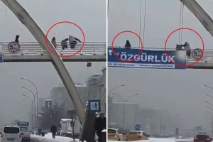 Üst geçitte kar topu atan çocukları yumruklayıp, yerde tekmeledi