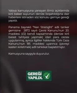 Yalova’da Geminin Balast Suyu Cezası