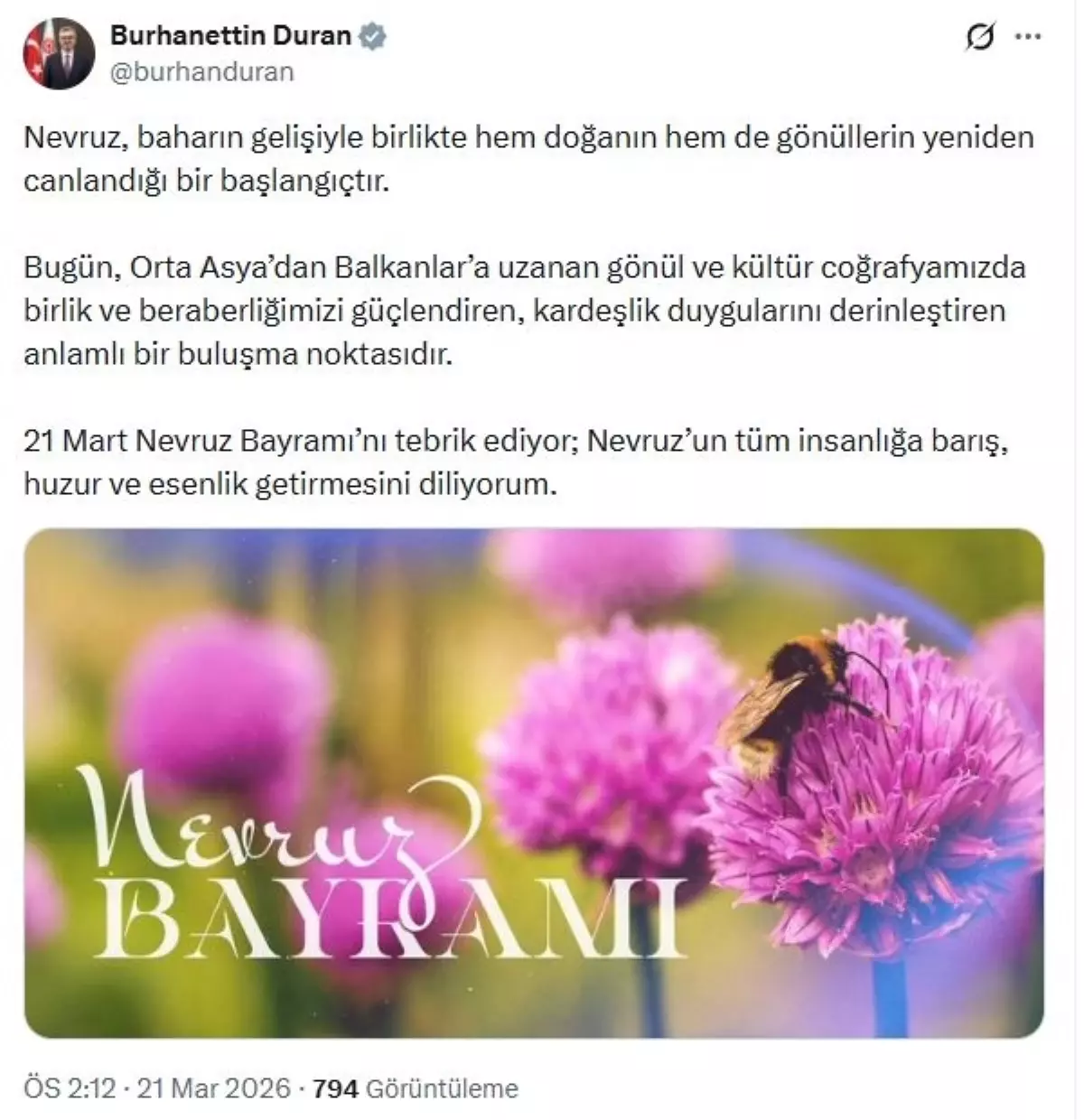 Burhanettin Duran’dan Nevruz Mesajı