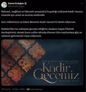 Emine Erdoğan’dan ‘Kadir Gecesi’ mesajı