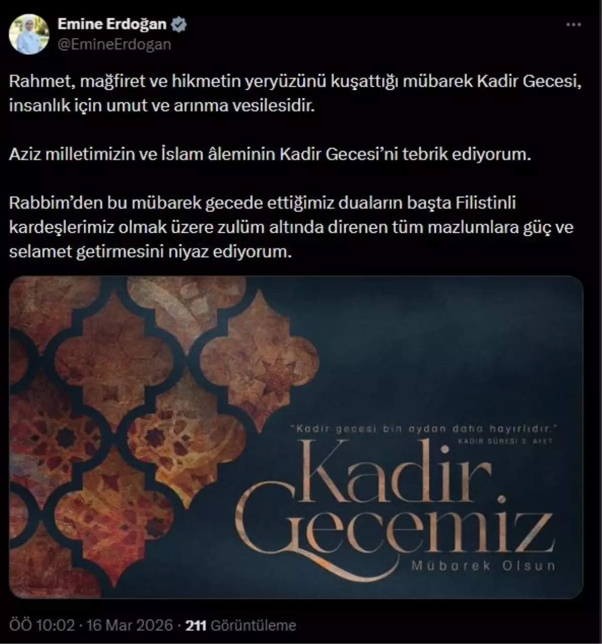 Emine Erdoğan’dan ‘Kadir Gecesi’ mesajı