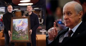 MHP Lideri Devlet  Bahçeli hediye etmişti: Uraz Kaygılaroğlu ‘Bozkurt’ tablosunu teslim aldı