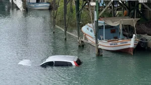 Otomobil Dereye Düştü, Yolcular Yüzerek Kurtuldu
