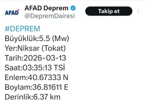 Tokat’ta 5.5 Büyüklüğünde Deprem