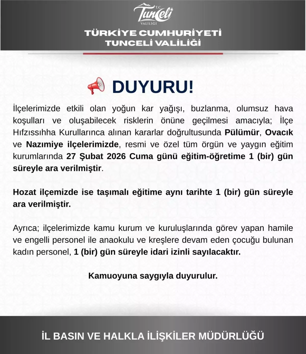 Tunceli’de Kar Nedeniyle Eğitime Ara