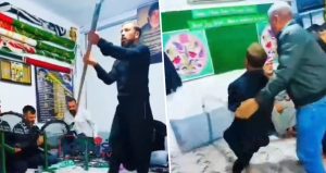 Tarikat dergahında akılalmaz görüntü! Küreği elinden zor aldılar